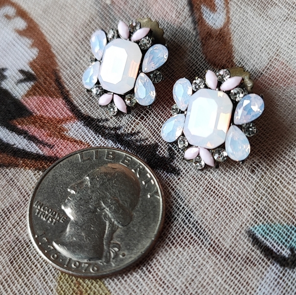 Pink Opaline Emerald Cut Teardrop Unsigned Pierced Earrings - Picture 9 of 11